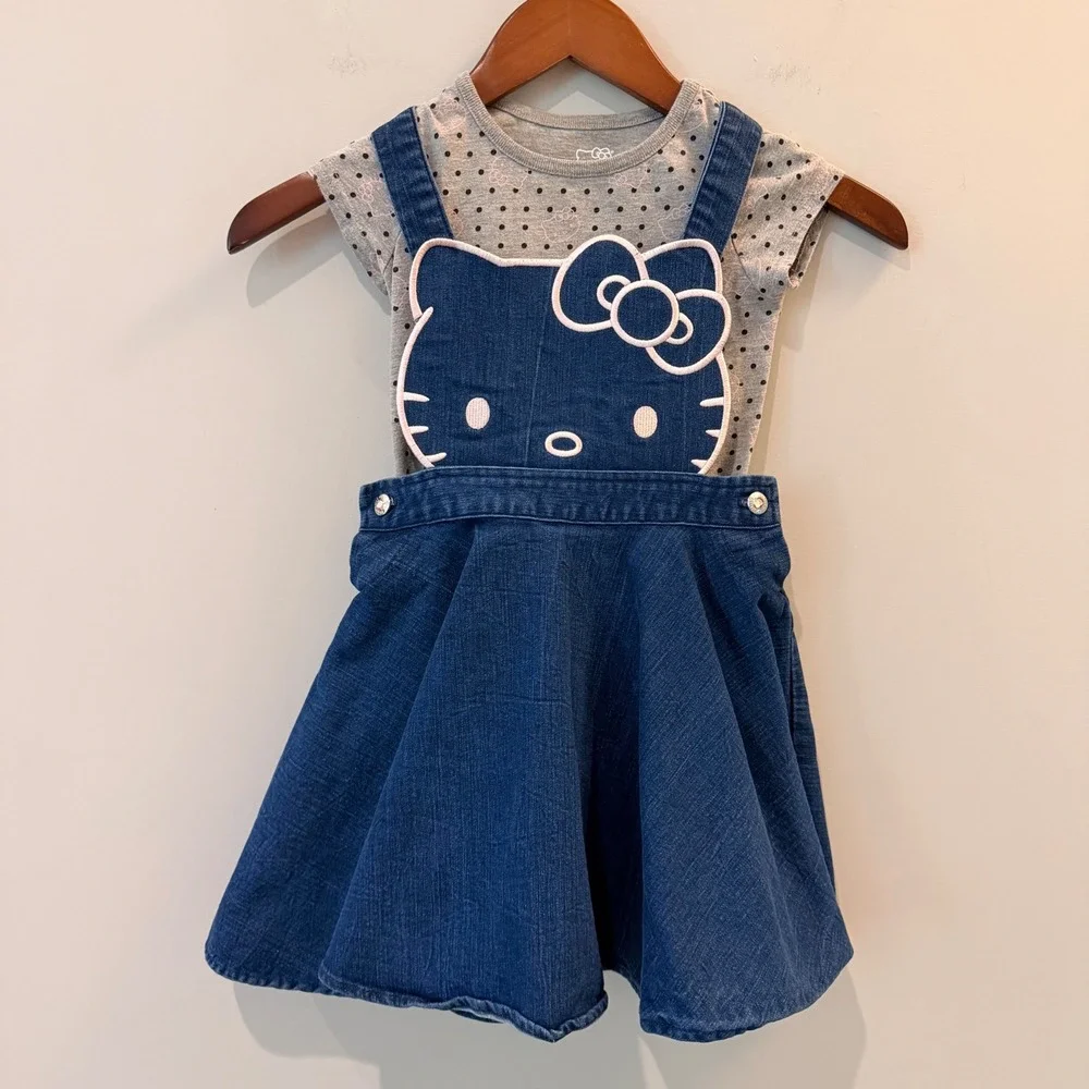 Hello Kitty Sanrio Denim 2 Piece Dress Set Embroidered Blue Grey Polka Dot 5 EUC